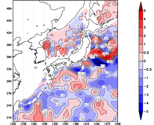 海面~740m月平均表層水温偏差分布