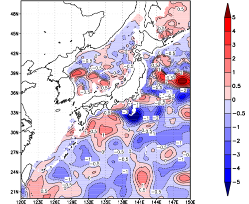 海面~740m月平均表層水温偏差分布
