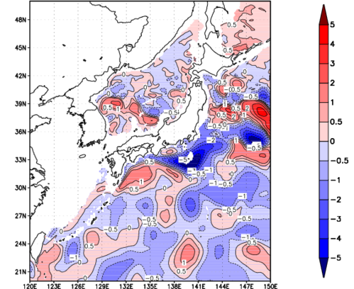 海面~740m月平均表層水温偏差分布