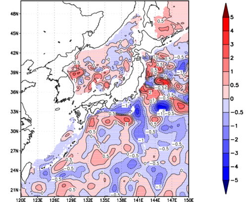 海面~740m月平均表層水温偏差分布