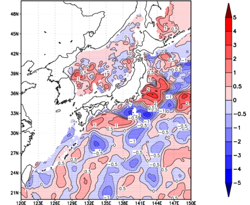 海面~740m月平均表層水温偏差分布
