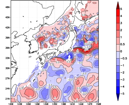 海面～740m月平均表層水温偏差分布