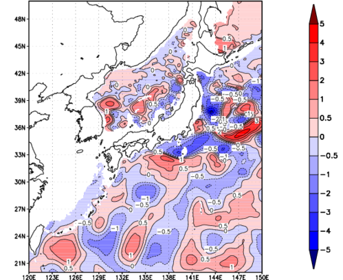 海面~740m月平均表層水温偏差分布