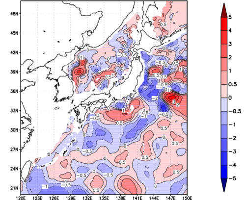 海面~740m月平均表層水温偏差分布