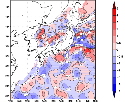 海面~740m月平均表層水温偏差分布