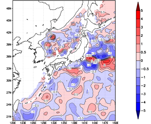 海面~740m月平均表層水温偏差分布