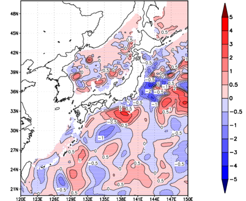 海面~740m月平均表層水温偏差分布
