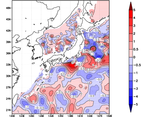 海面~740m月平均表層水温偏差分布