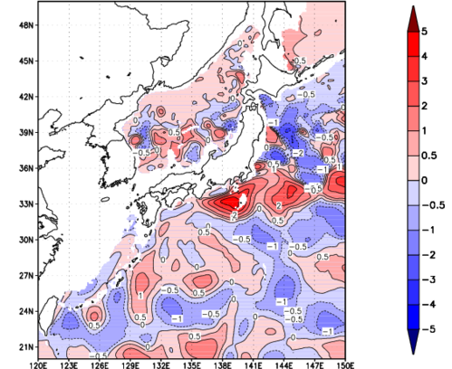 海面~740m月平均表層水温偏差分布