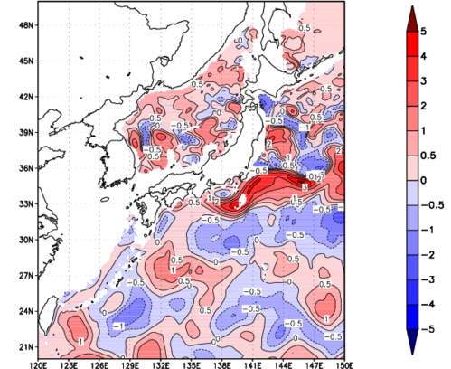 海面~740m月平均表層水温偏差分布