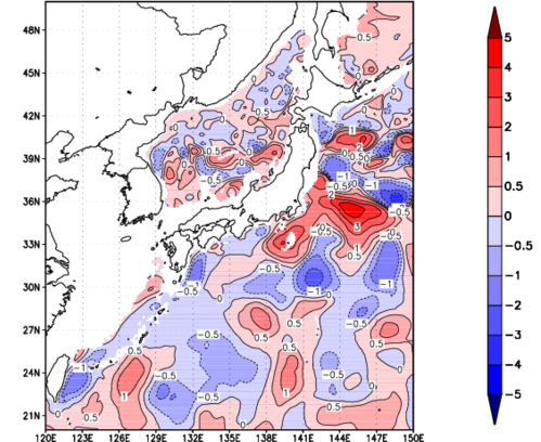 海面~740m月平均表層水温偏差分布