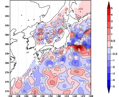 海面~740m月平均表層水温偏差分布