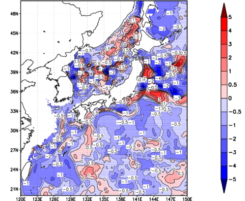 海面~100m月平均表層水温偏差分布