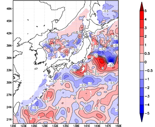 海面~740m月平均表層水温偏差分布