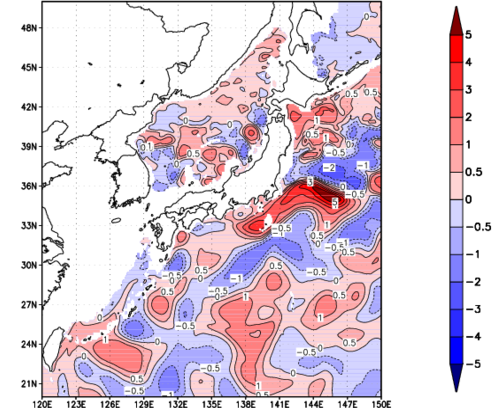 海面~740m月平均表層水温偏差分布