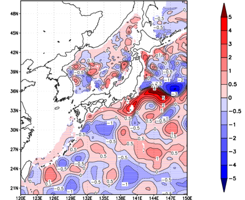海面~740m月平均表層水温偏差分布