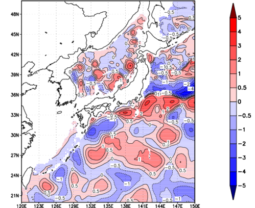 海面~740m月平均表層水温偏差分布