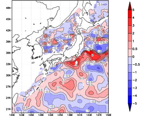 海面~740m月平均表層水温偏差分布