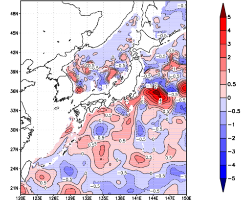海面~740m月平均表層水温偏差分布