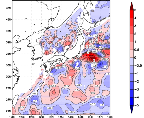 海面~740m月平均表層水温偏差分布