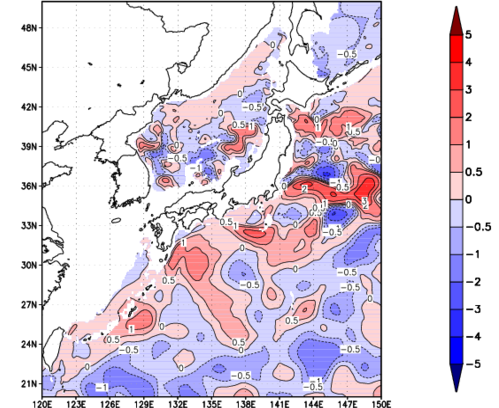 海面~740m月平均表層水温偏差分布