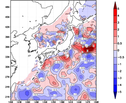海面~740m月平均表層水温偏差分布