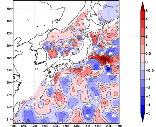 海面~740m月平均表層水温偏差分布