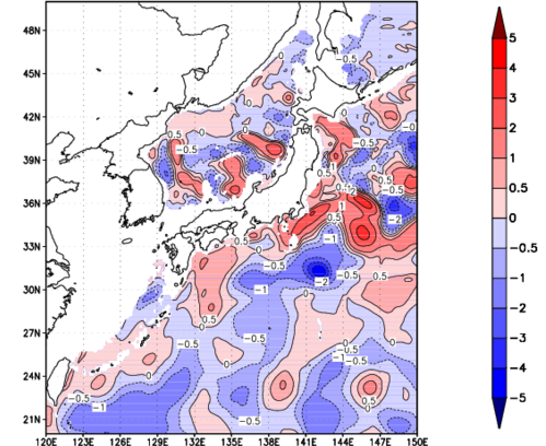 海面~740m月平均表層水温偏差分布