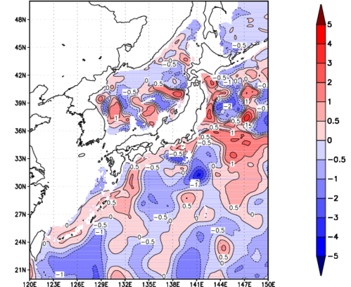 海面~740m月平均表層水温偏差分布
