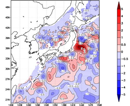 海面~740m月平均表層水温偏差分布