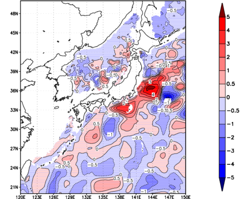 海面~740m月平均表層水温偏差分布