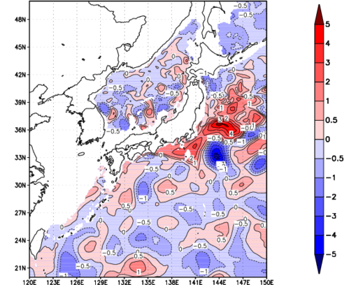 海面~740m月平均表層水温偏差分布