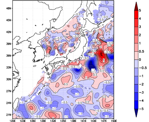 海面~740m月平均表層水温偏差分布