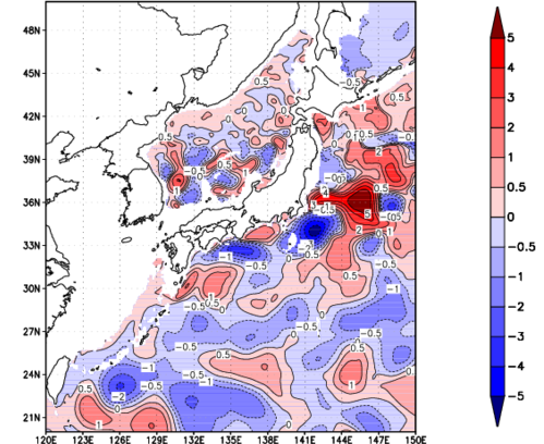 海面~740m月平均表層水温偏差分布