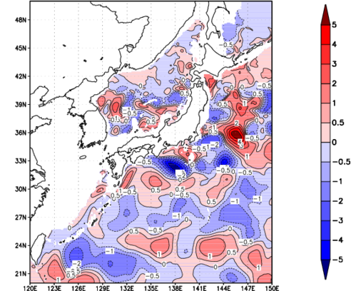 海面~740m月平均表層水温偏差分布