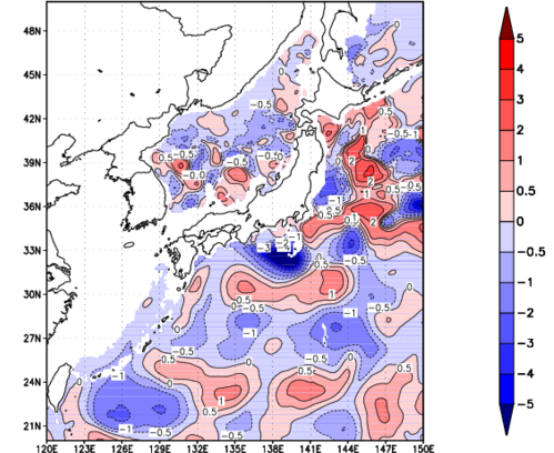 海面~740m月平均表層水温偏差分布