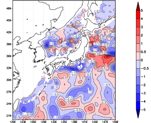 海面~740m月平均表層水温偏差分布