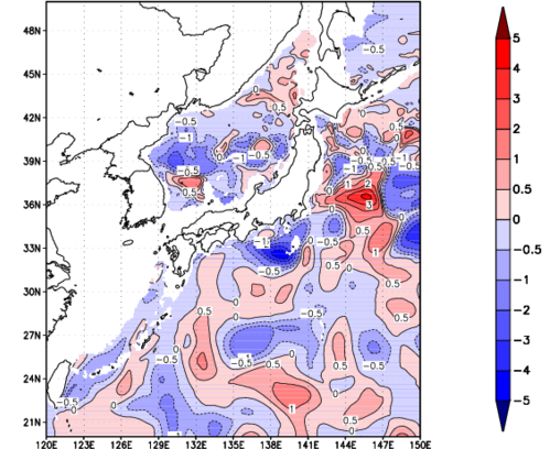海面~740m月平均表層水温偏差分布