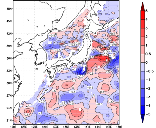 海面~740m月平均表層水温偏差分布