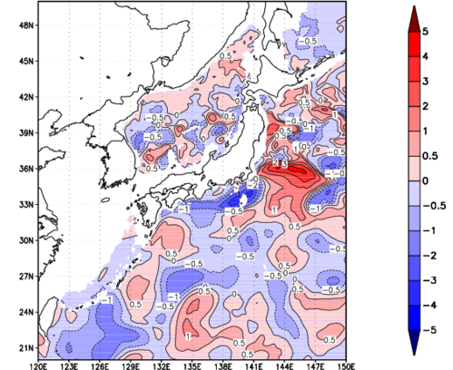 海面~740m月平均表層水温偏差分布