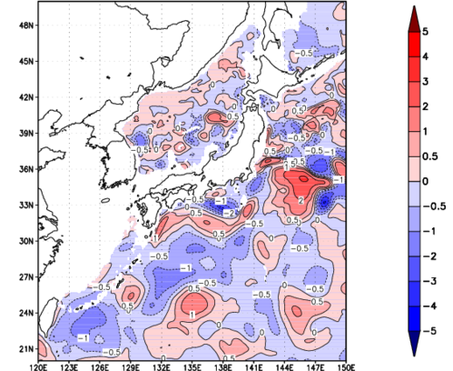 海面~740m月平均表層水温偏差分布