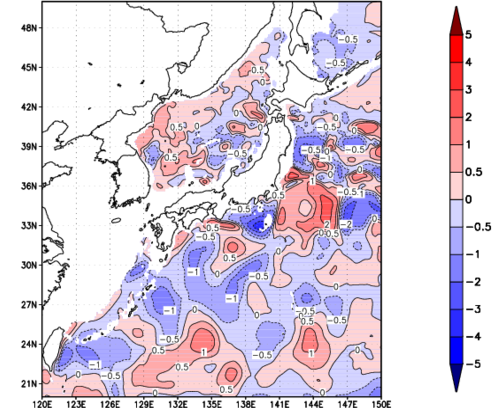 海面~740m月平均表層水温偏差分布