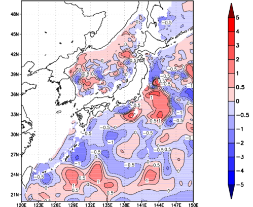 海面~740m月平均表層水温偏差分布