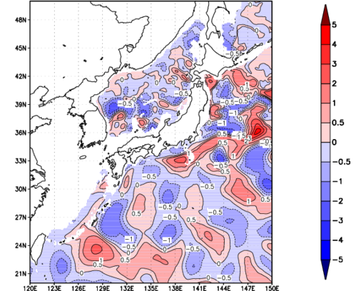 海面~740m月平均表層水温偏差分布