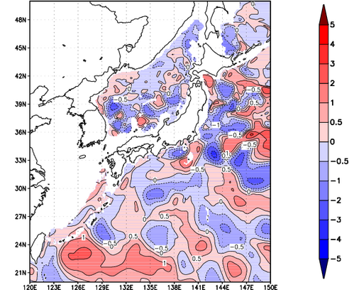 海面~740m月平均表層水温偏差分布