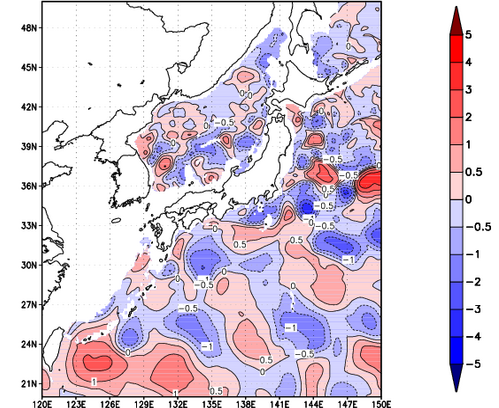 海面~740m月平均表層水温偏差分布