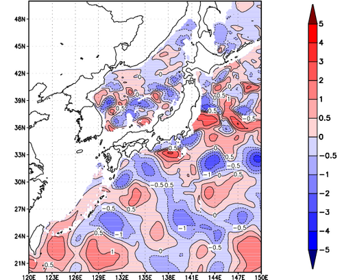 海面~740m月平均表層水温偏差分布