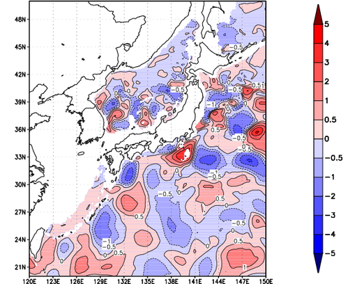 海面~740m月平均表層水温偏差分布