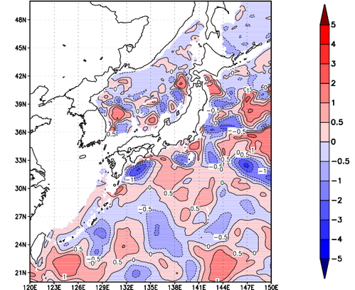 海面~740m月平均表層水温偏差分布