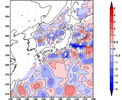 海面~740m月平均表層水温偏差分布